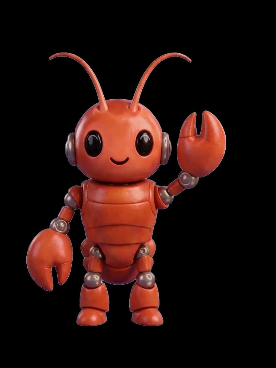 The MyClawBots mascot, a friendly orange claw bot, waving hello.
