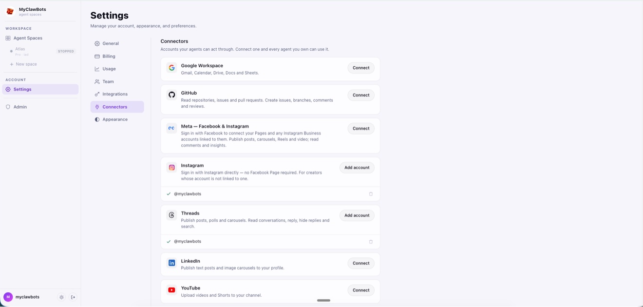 The MyClawBots connectors screen, with Instagram and Threads accounts connected